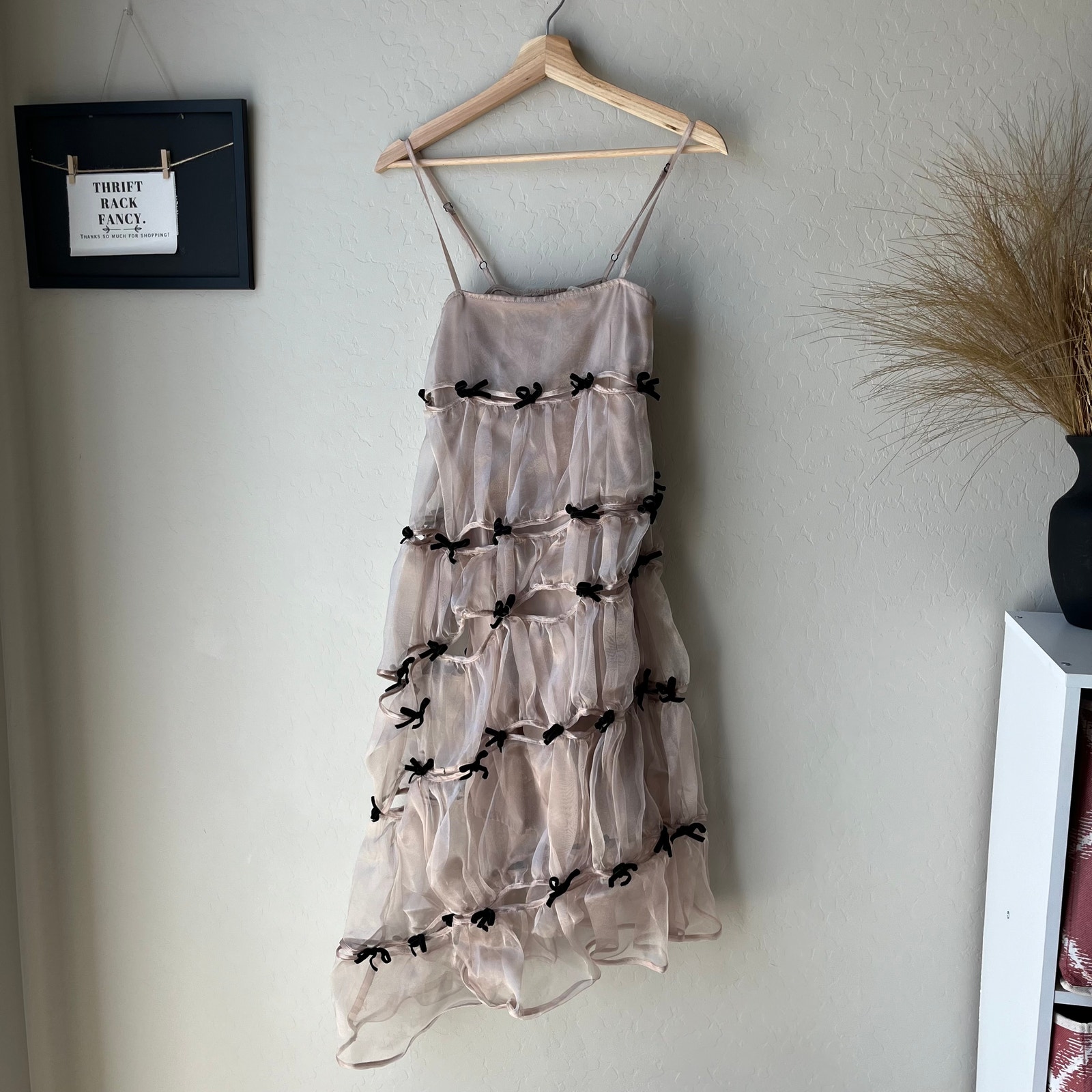Marchen Dress Bow Embellished Asymmetric Organza Midi Dress Beige Black S — image 3 of 8